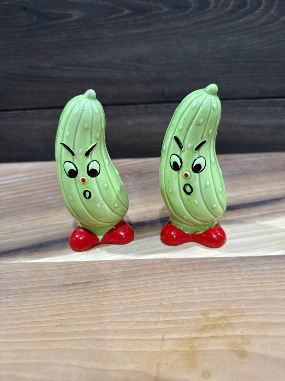 Anthropomorphic Green Angry Pickle Salt & Pepper Shakers with Red Bases. 1950s